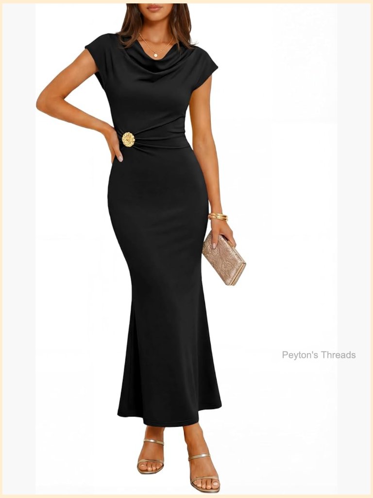 Cowl Neck Bodycon Maxi Dress Cap Sleeve Ruched Wedding Guest Cocktail Midi